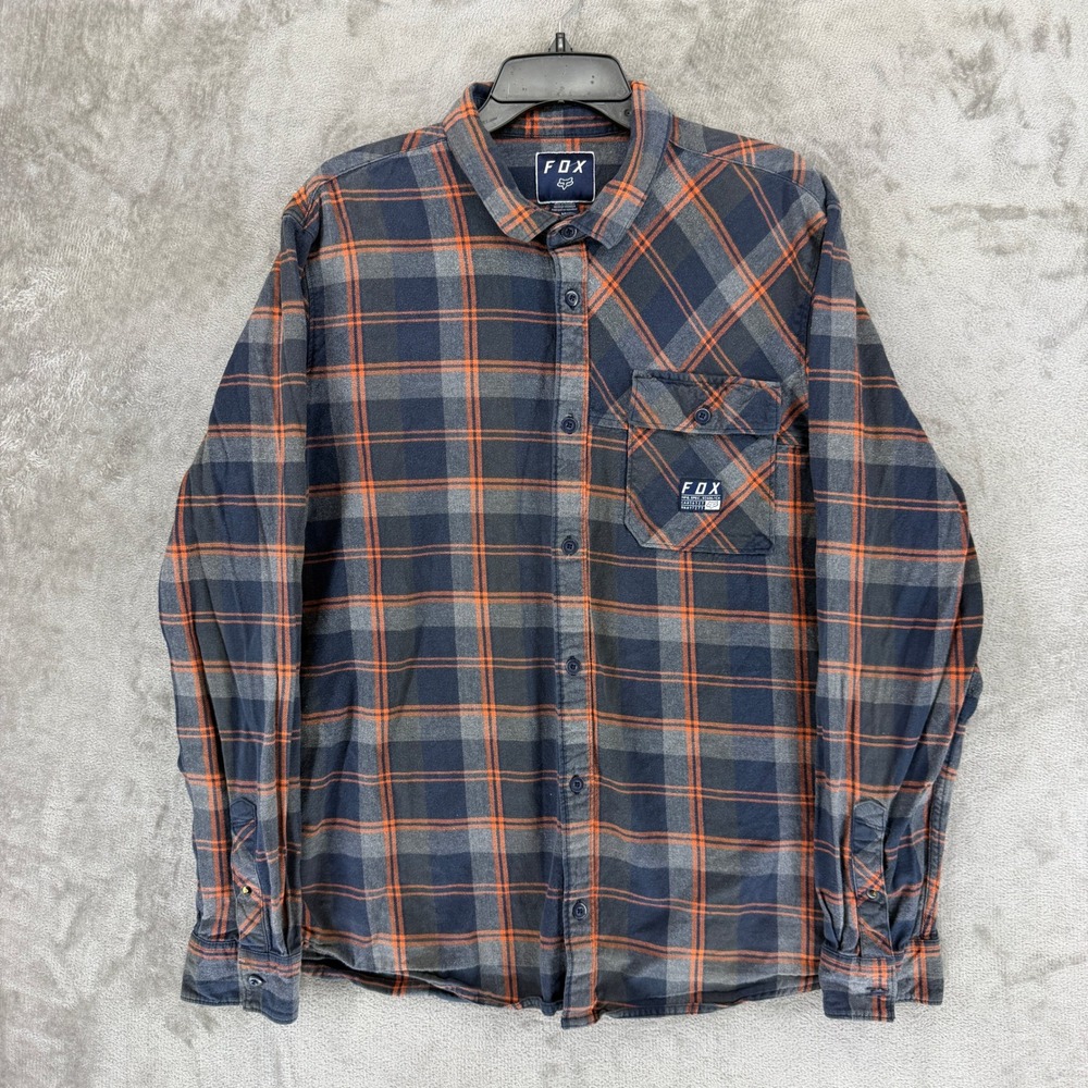 Fox Racing Mens XL Flannel Shirt Navy Blue Orange Plaid Long Sleeve 20427